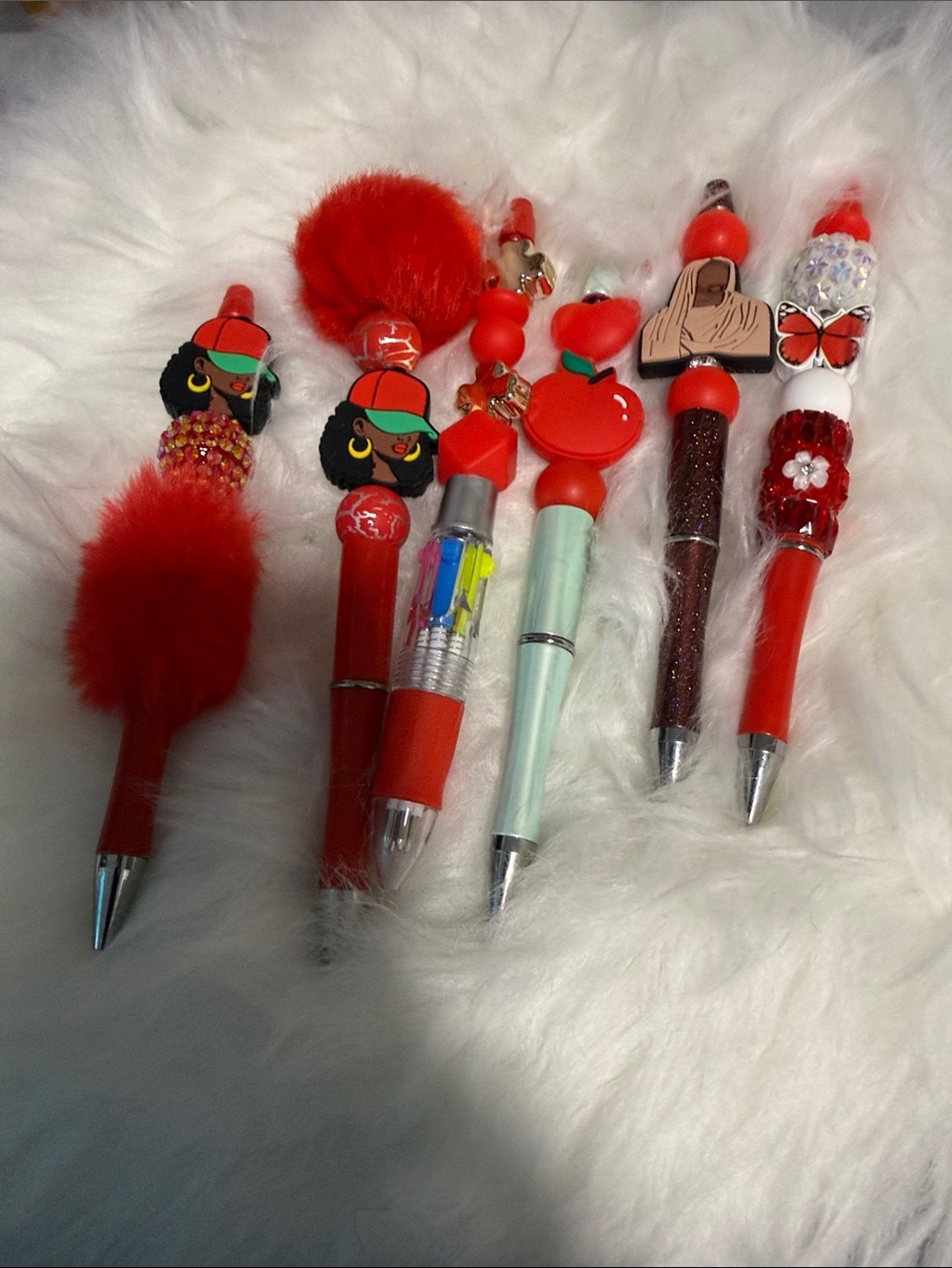 Set of Decorative Red Novelty Pens with Charms